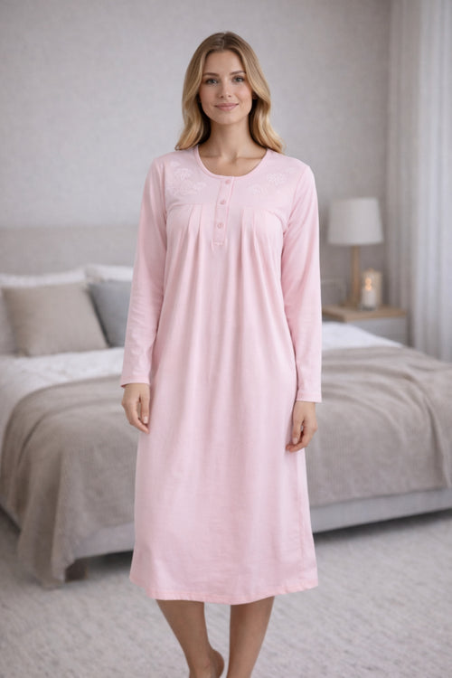 Camisa de Dormir Bordada Gamuza Polycotton Rosa / Turquesa - D'Taty Chile