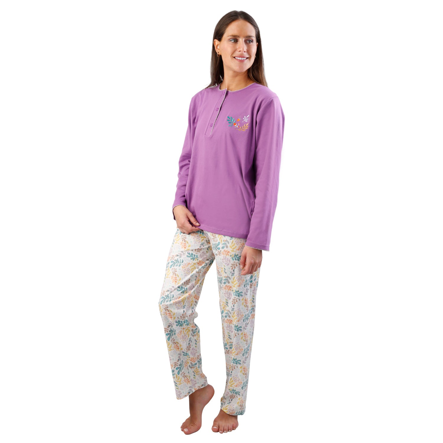 Pijama Clásico Hojas Bordado Gamuza Polycotton varios colores - D'Taty Chile