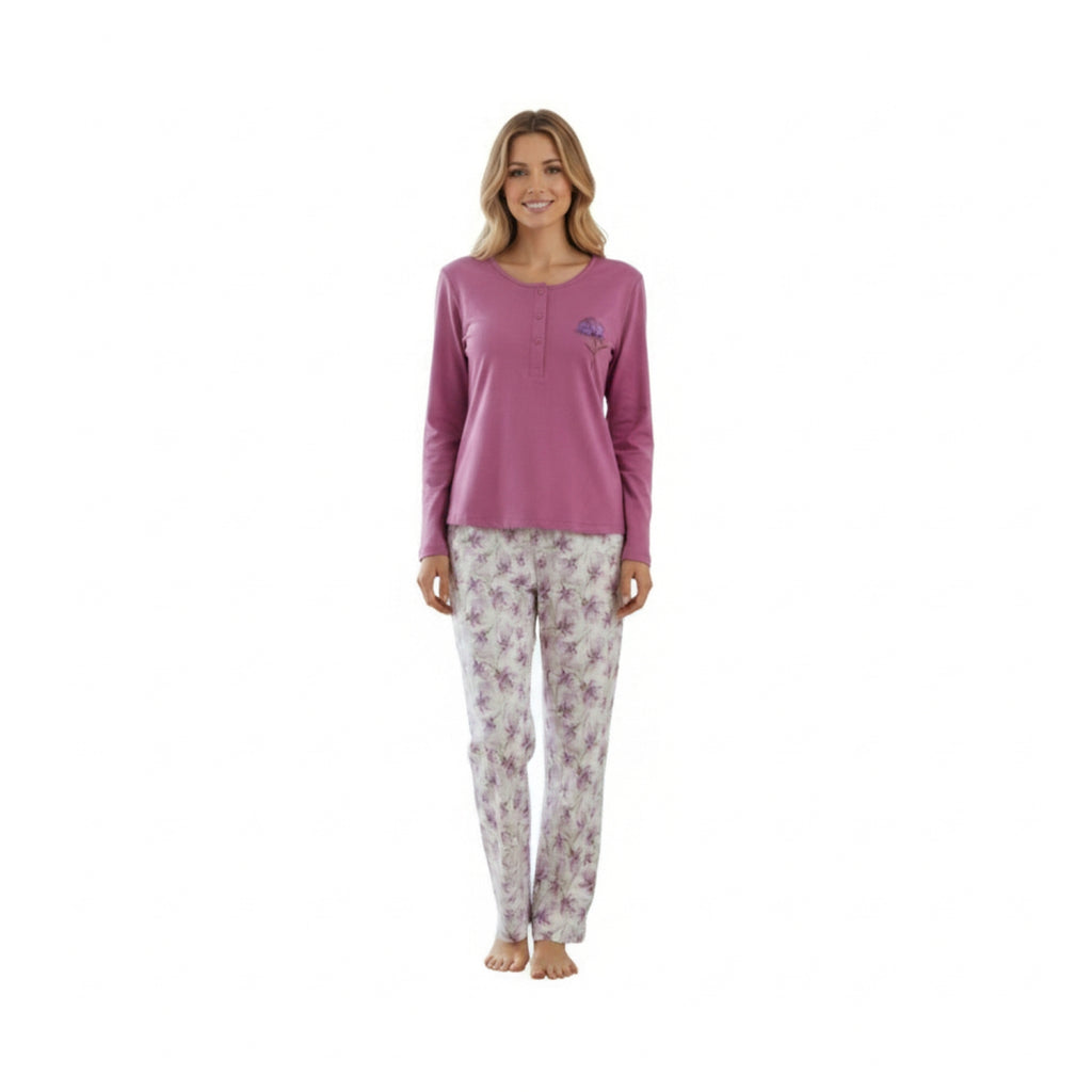 Pijama Flor Clásico Bordado Gamuza Polycotton Malva vista 2 - D'Taty Chile