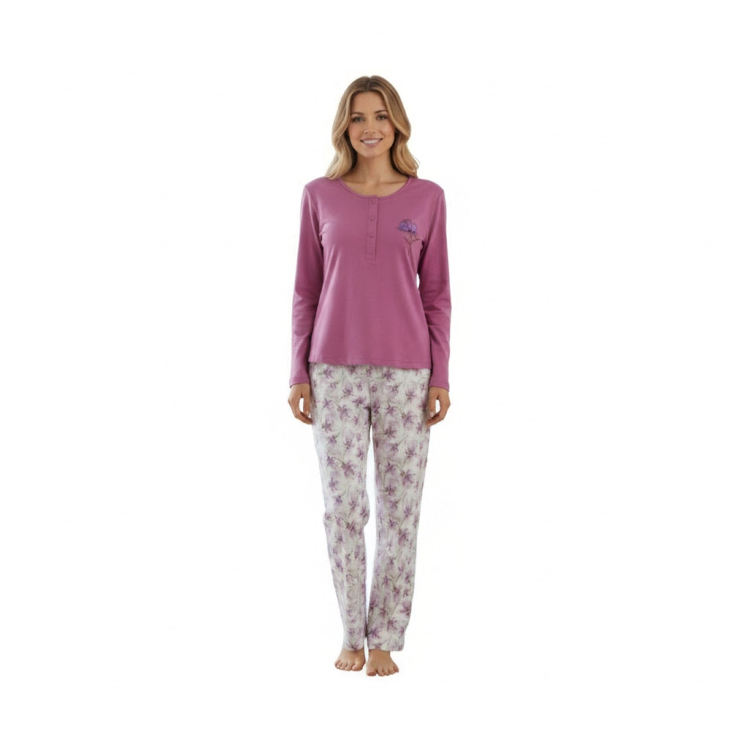 Pijama Flor Clásico Bordado Gamuza Polycotton Malva vista 2 - D'Taty Chile