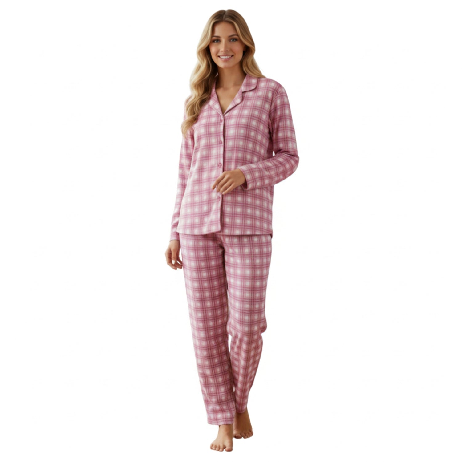 Pijama Escocés Abotonado Gamuza Polycotton Rosa vista 2 - D'Taty Chile