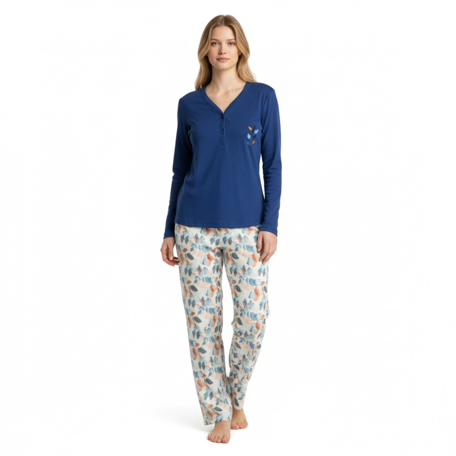 Pijama Hojas Clásico Bordado Gamuza Polycotton Azul vista 2 - D'Taty Chile