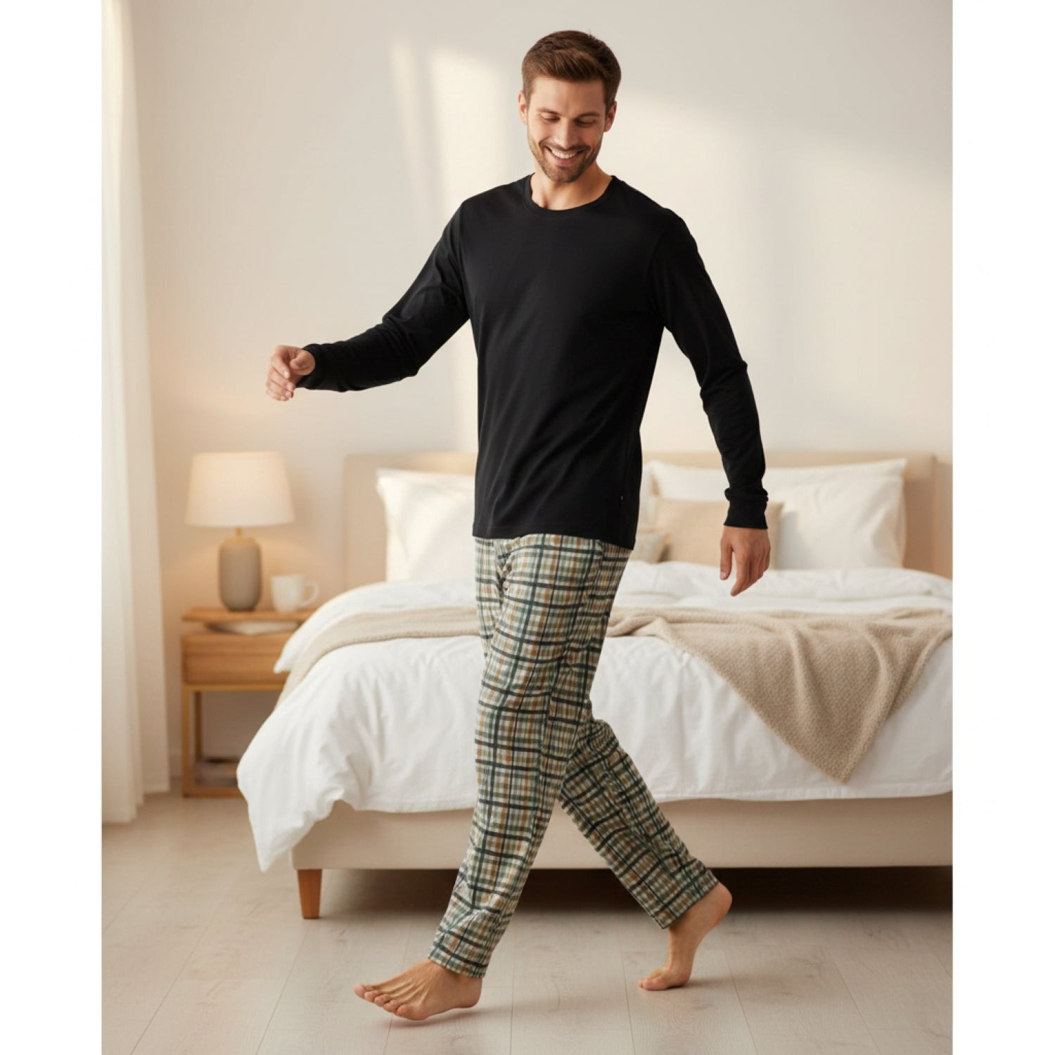 Pijama Hombre Clásico Estampado Gamuza Polycotton Negro Negro vista 5 - D'Taty Chile