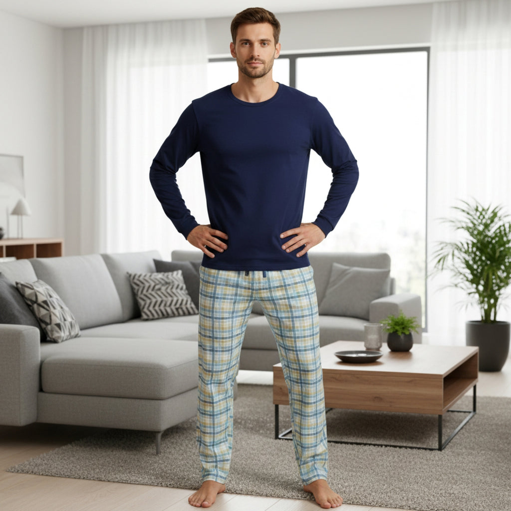 Pijama Hombre Clásico Estampado Gamuza Polycotton Azul Azul - D'Taty Chile