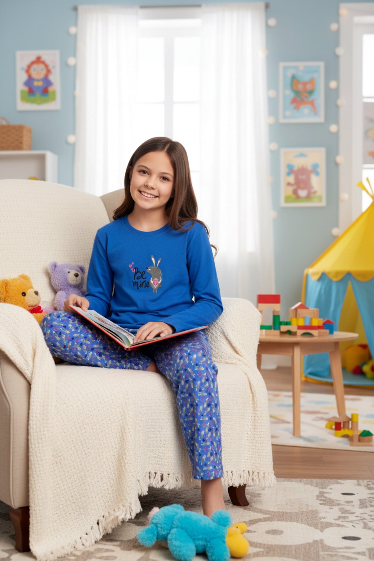 Pijama Niña Conejo Bordado Gamuza Polycotton Azulino vista 2 - D'Taty Chile