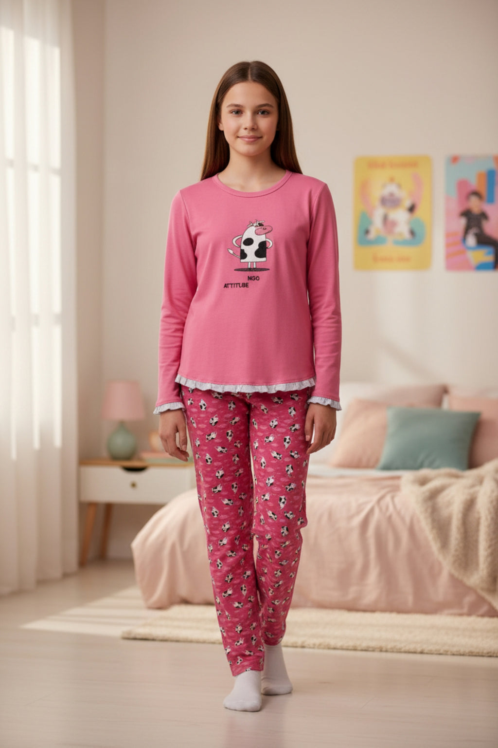 Pijama Niña Cow Bordado Gamuza Polycotton Rosa vista 2 - D'Taty Chile