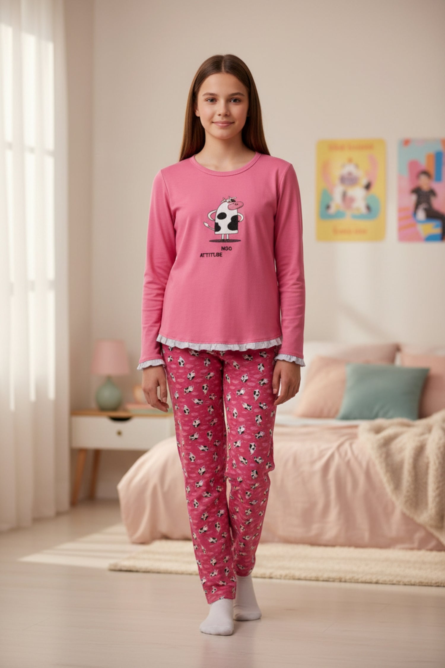 Pijama Niña Cow Bordado Gamuza Polycotton Rosa vista 2 - D'Taty Chile