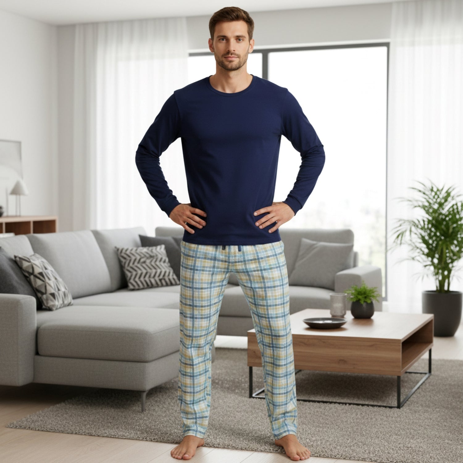 Pijama Hombre Clásico Estampado Gamuza Polycotton Azul