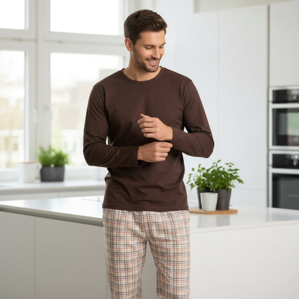 Pijama Hombre Clásico Estampado Gamuza Polycotton Café