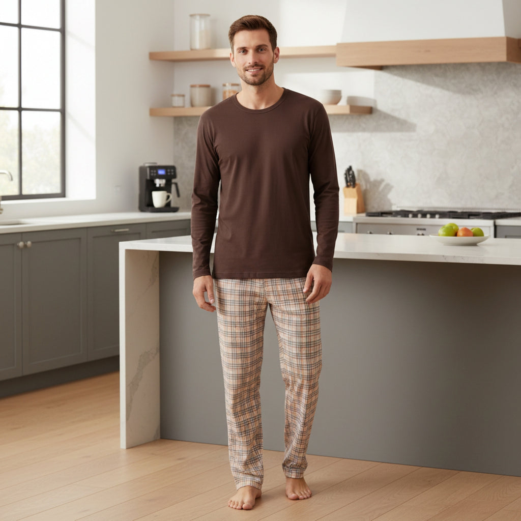 Pijama Hombre Clásico Estampado Gamuza Polycotton Café