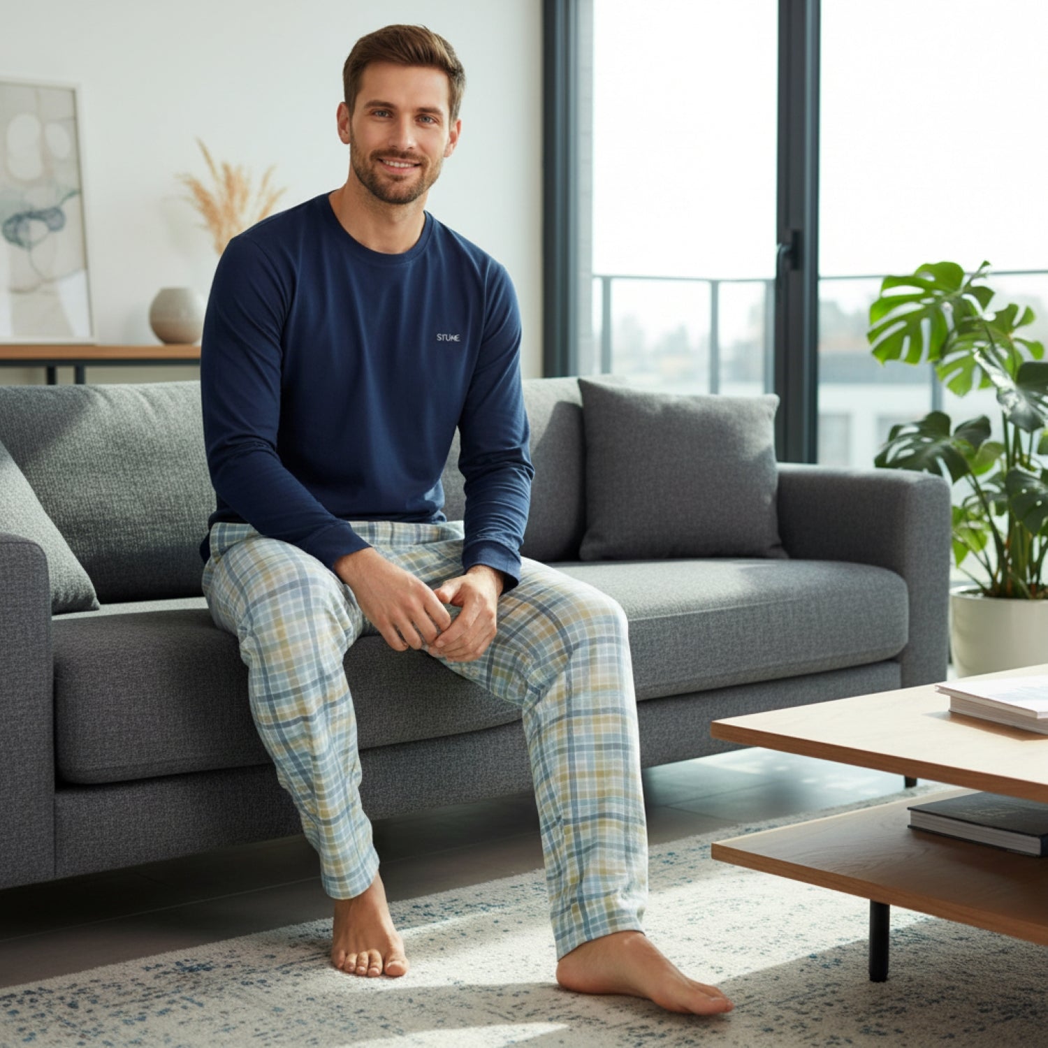 Pijama Hombre Clásico Estampado Gamuza Polycotton Azul