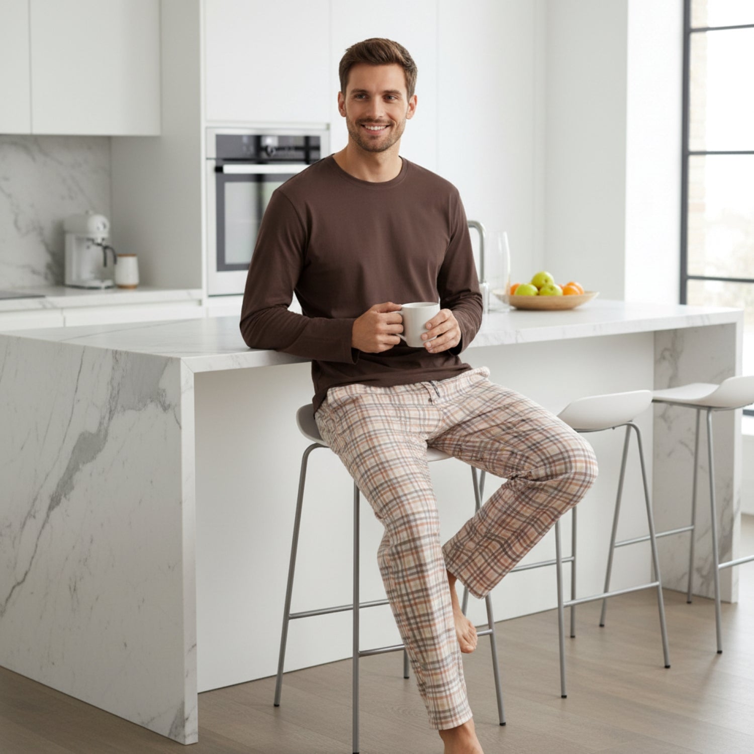 Pijama Hombre Clásico Estampado Gamuza Polycotton Café