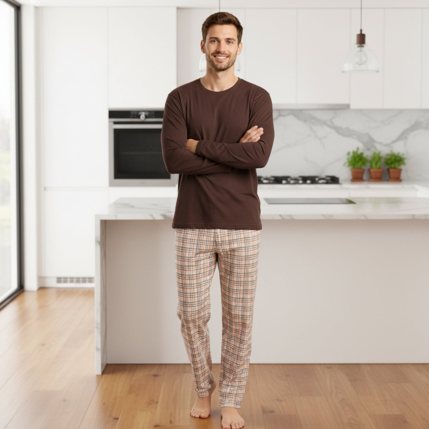 Pijama Hombre Clásico Estampado Gamuza Polycotton Café